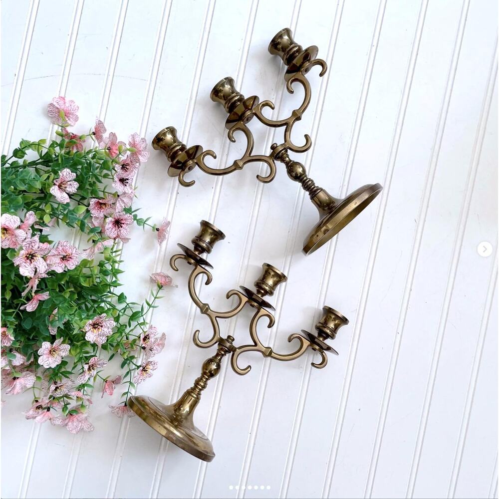 Vintage Brass Candelabra Candlestick Three Arm Unpolished Pair